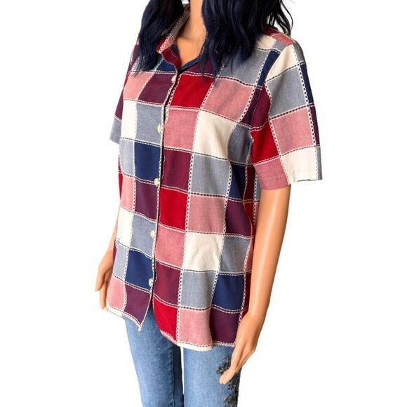 Vintage Alfred Dunner Red Patchwork Button Down Short Sleeve Shirt - Picture 4 of 6